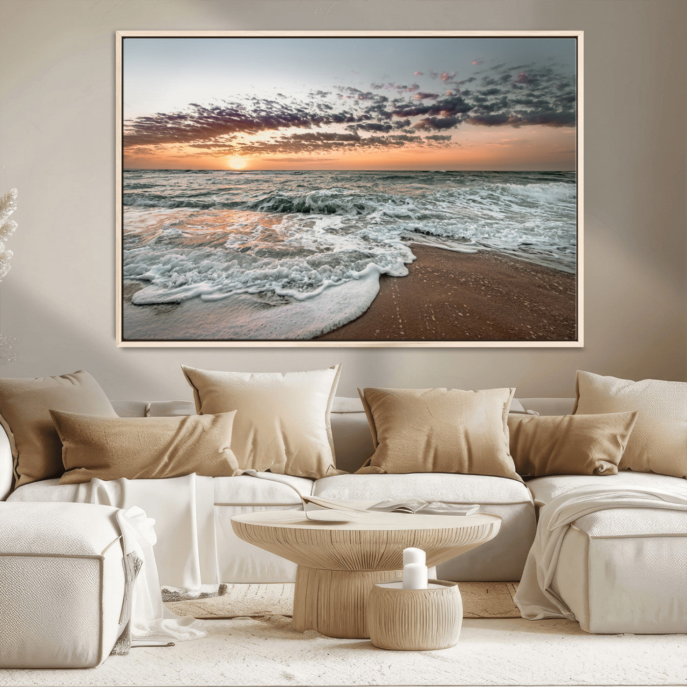 40632752-MGV-CV-36X24-Ocean Sunset Wall Art Canvas Print – Framed Beach Waves Scene with Coastal Artwork for Home, Office, Living Room