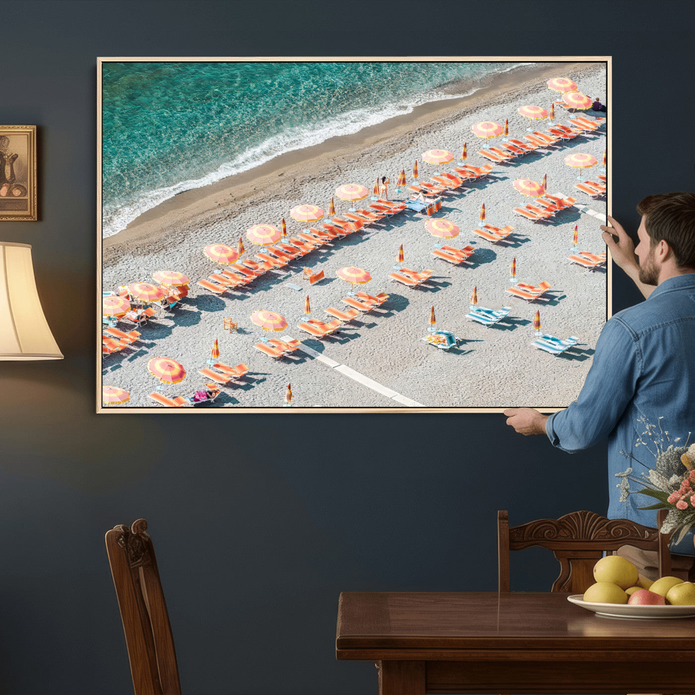 27805351-MGV-CV-36X24 - Beach Umbrellas Wall Art – Orange Loungers & Turquoise Water Canvas Print, Sandy Shore and Summer Vibes
