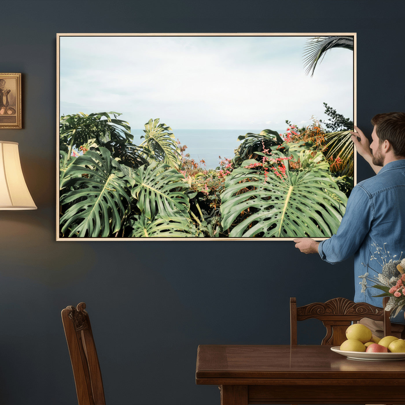 45700479-MGV-CV-36X24 - Tropical Greenery Wall Art – Exotic Leaves & Ocean View Canvas Print, Sunlit Paradise and Vibrant Nature for Living Room or Coastal Decor