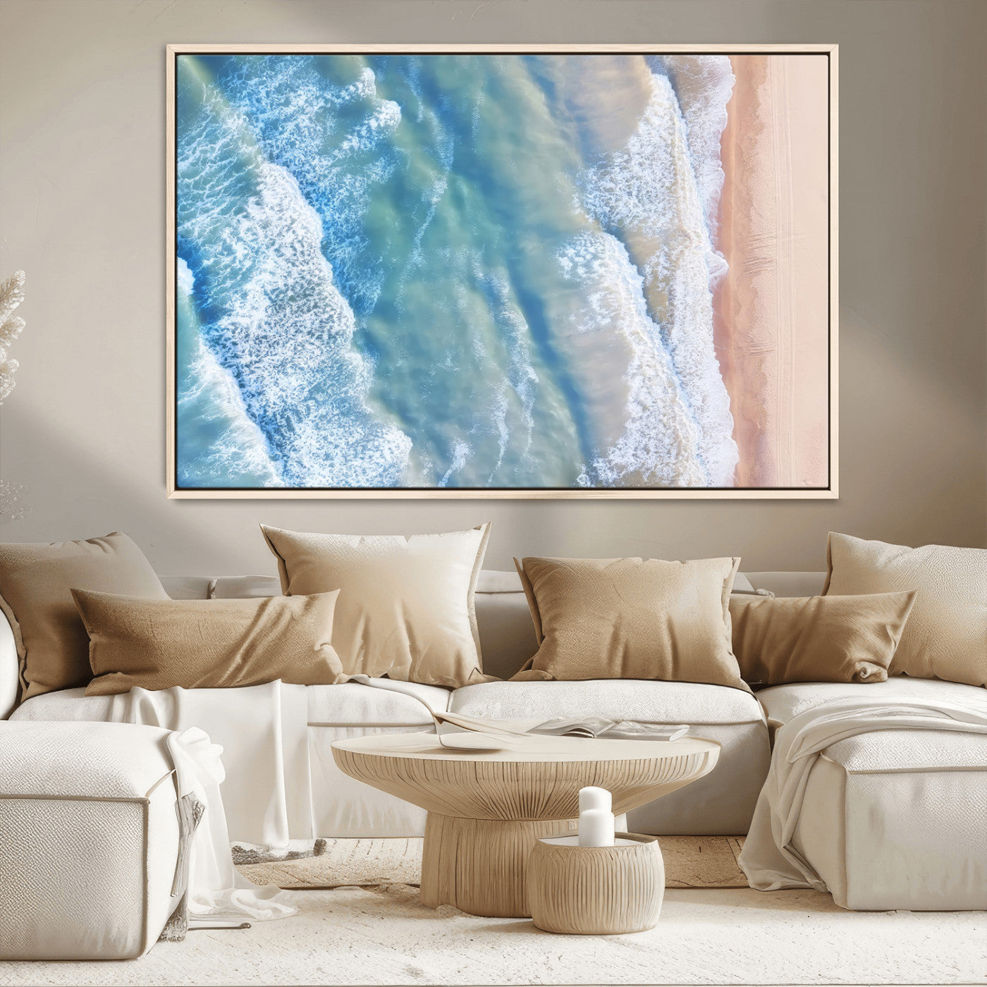 17641845-MGV-CV-36X24-Aerial Ocean View Wall Art Canvas Print – Framed Soft Blue Waves Sandy Shoreline Modern Coastal Artwork for Home Office