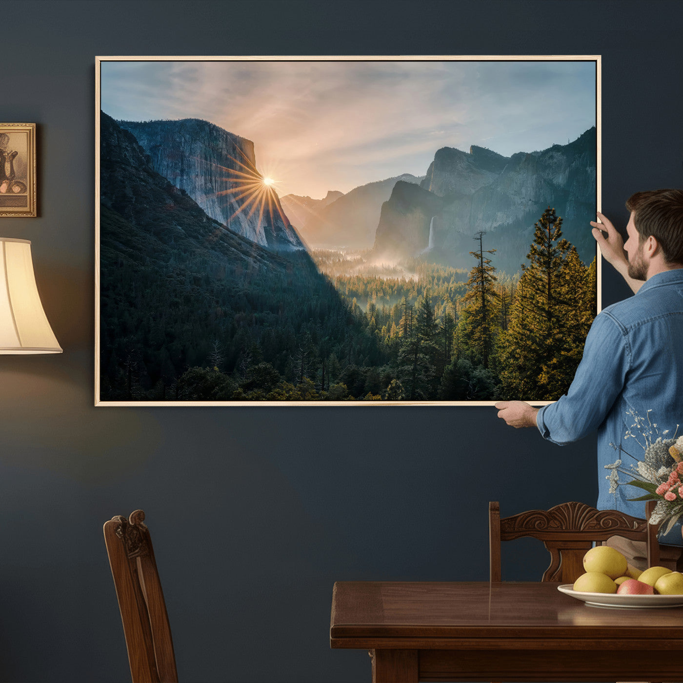 51605481-MGV-CV-36X24 - Yosemite Valley Wall Art – Misty Forest Peaks Canvas Print, Radiant Light, Tranquil Nature Landscape for Living Room or Cabin Decor