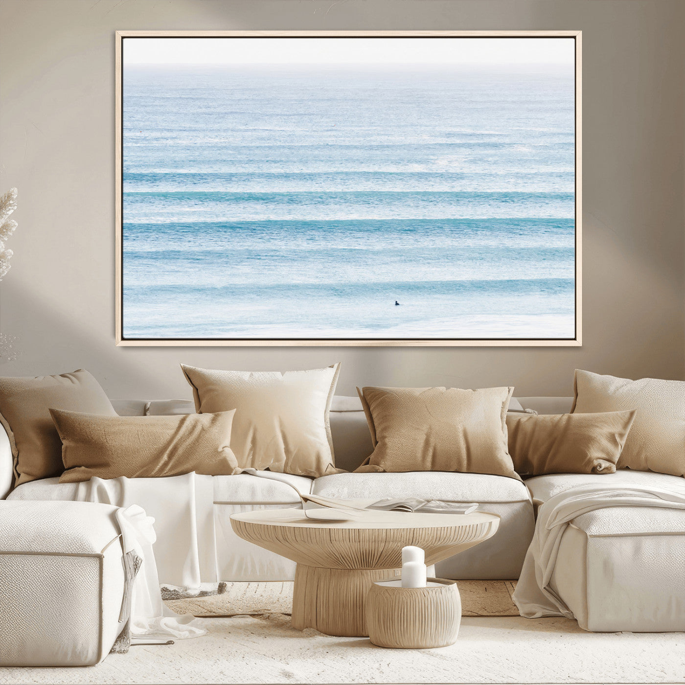 77145995-MGV-CV-36X24-Ocean Wave Surfer Wall Art – Framed Minimal Seascape Canvas Artwork, Calm Blue Water Design, Coastal Decor for Home, Office