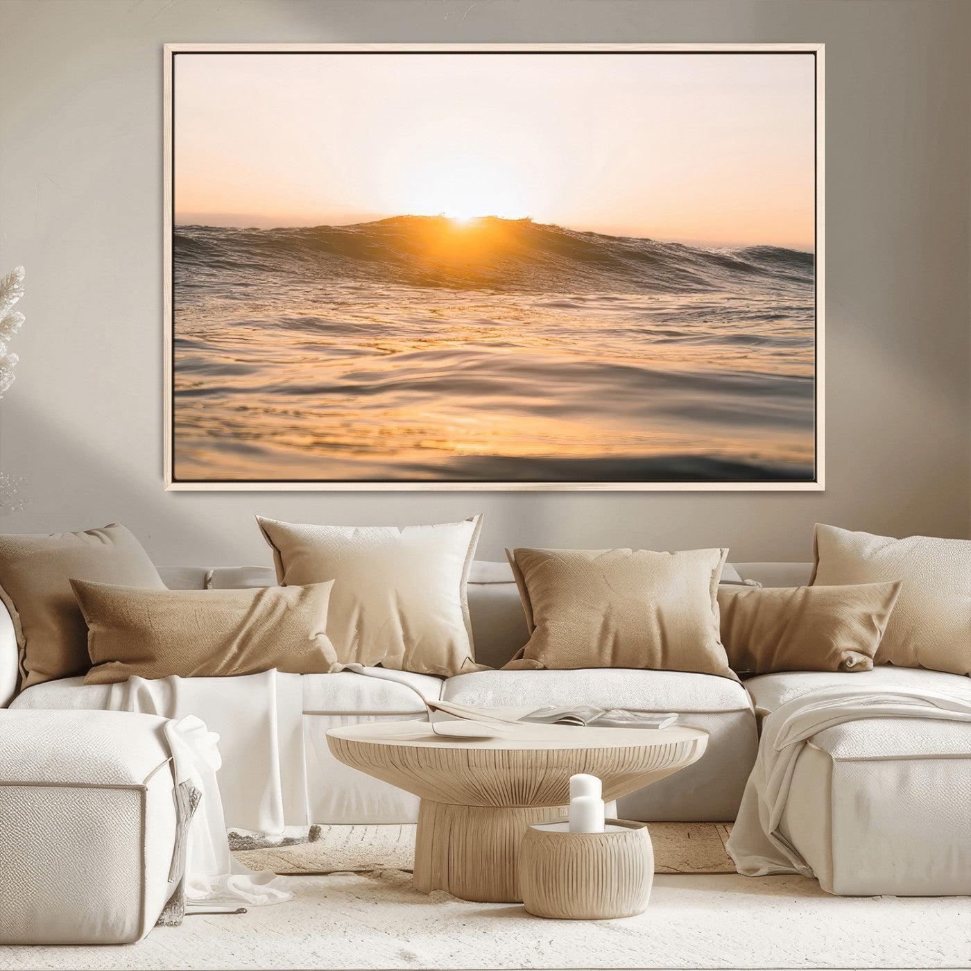 16973771-MGV-CV-36X24-Calm Water Wall Art – Framed Sunset Waves Canvas Artwork, Coastal Warm Design, Minimal Ocean Decor for Home, Office