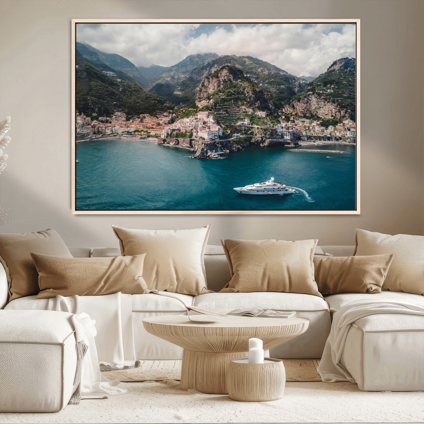 20321590-MGV-CV-36X24-Amalfi Coast Wall Art – Framed Italian Seaside Canvas Artwork, Mediterranean Landscape Design, Coastal Decor for Home, Office