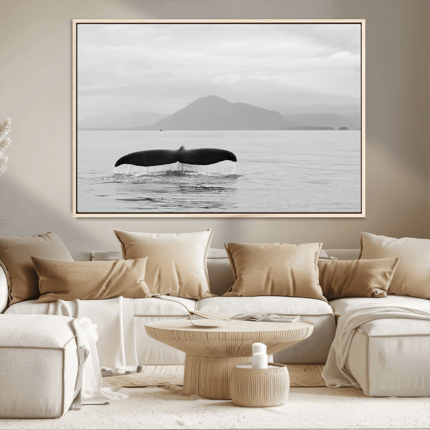 MGV-FC-36X24 - Whale Tail Wall Art Canvas Print, Framed Black White Ocean Art Picture Print, Calm Marine Perfect Minimalist Coastal Decor Artwork