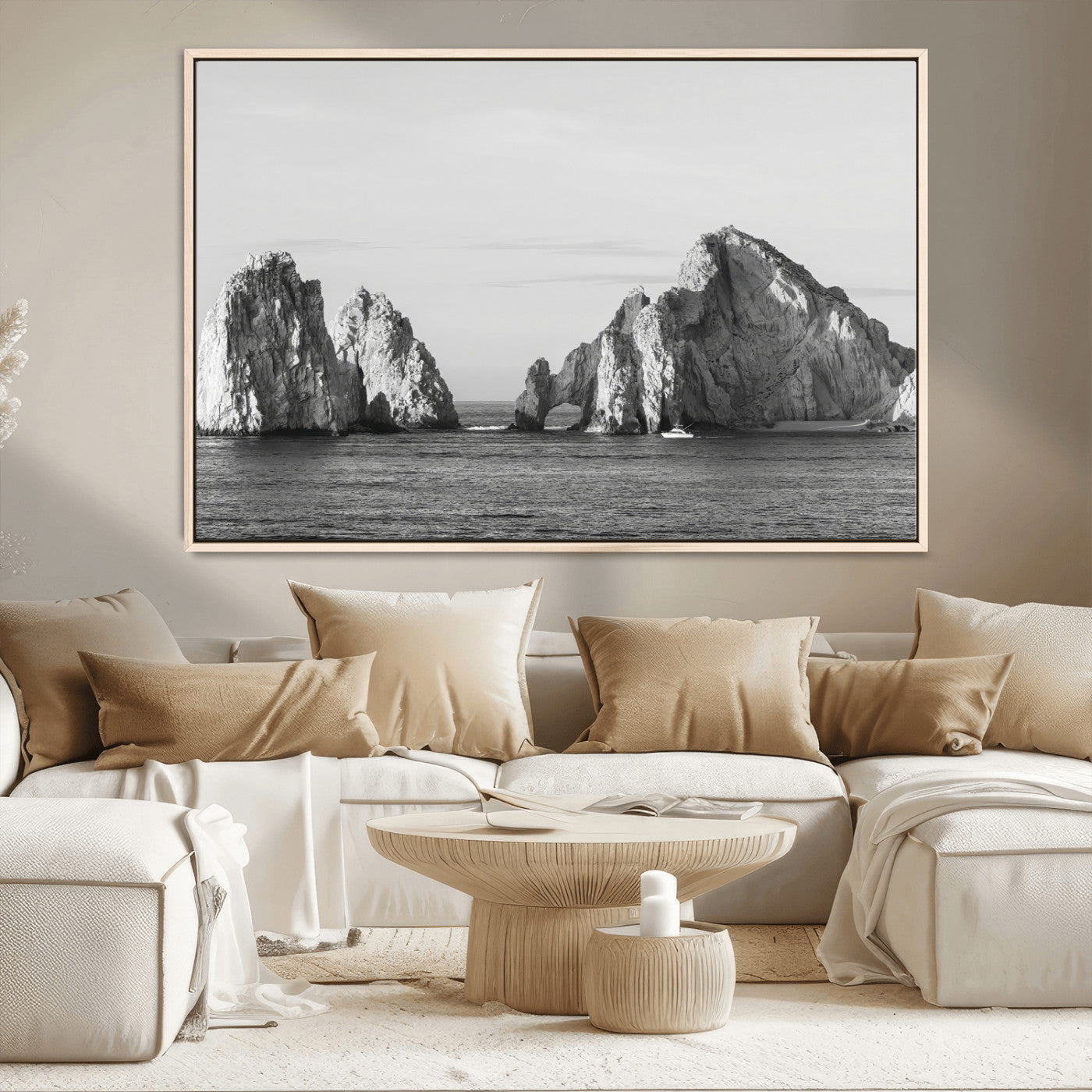 MGV-FC-36X24 - Rugged Coastline Wall Art Canvas Print, Framed Ocean Cliffs Art Picture Print, Monochrome Seascape Perfect Coastal Minimalist Decor Artwork