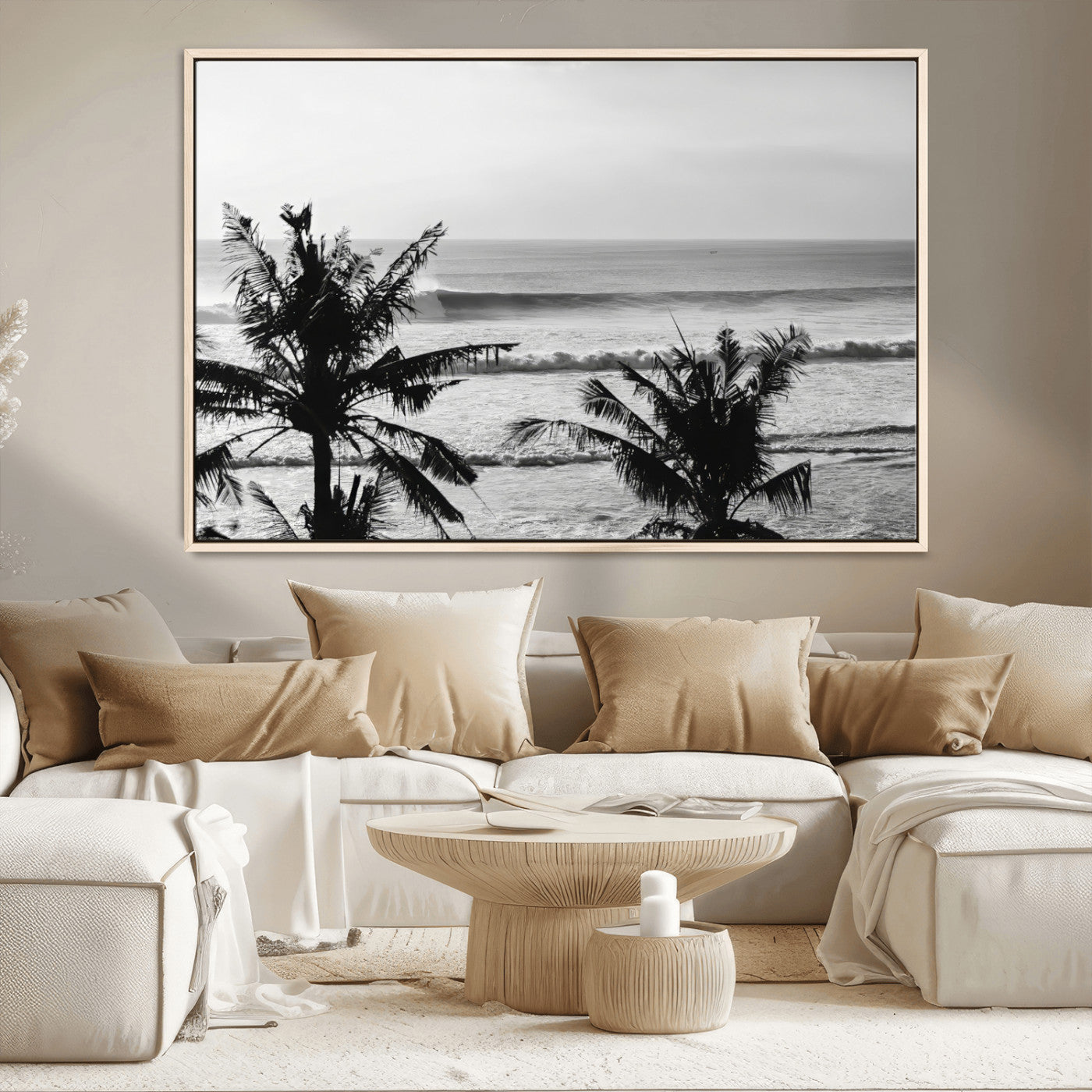 17508038-MGV-CV-36X24-Tropical Coastline Wall Art Canvas Print – Framed Palm Trees Scene with Ocean Waves Artwork for Home, Office