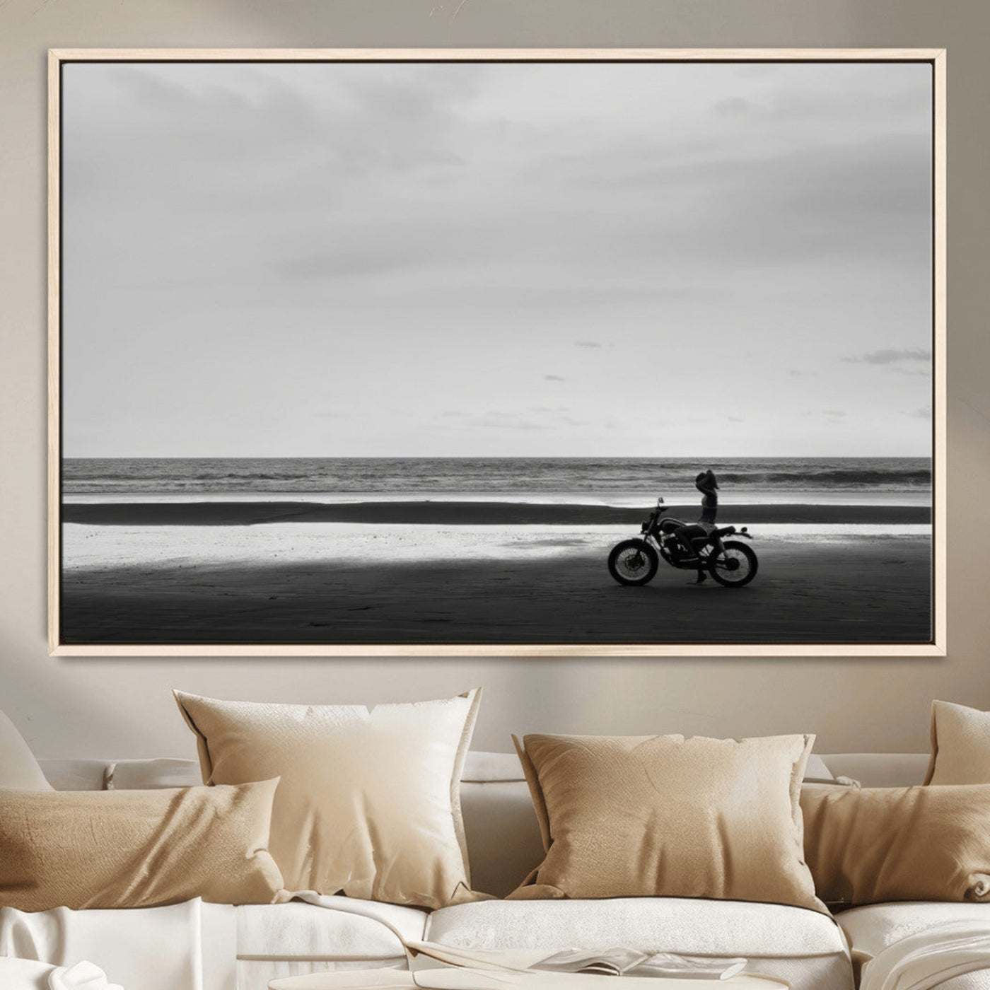 MGV-FC-36X24 - Motorcycle Beach Wall Art Canvas Print, Framed Vintage Motorcycle Art Picture Print, Biker Silhouette Perfect Minimalist Adventure Decor Artwork