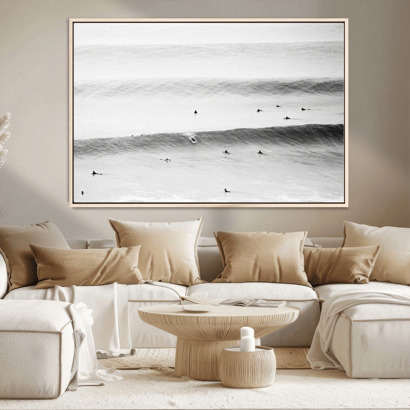 54291445-MGV-FC-36X24_Natural-Black White Ocean Wall Art Canvas Print – Framed Coastal Sport Scene with Ocean Culture Artwork for Home, Office