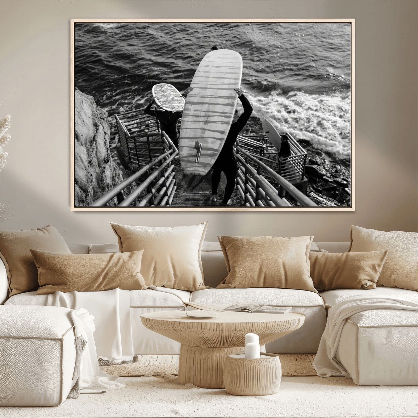 32353707-MGV-CV-36X24-Black and White Surfing Wall Art Canvas Print – Framed Coastal Wave Riders Adventure Artwork for Home, Office