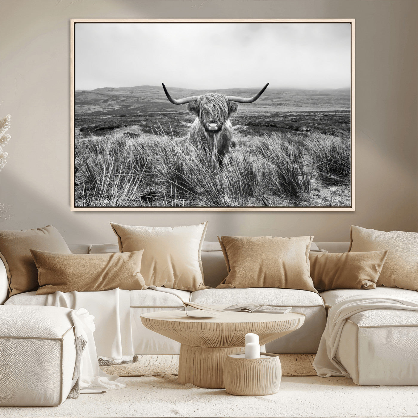 -Monochrome Highland Cow Wall Art Canvas Print – Framed Scottish Bull Lone Cattle Rustic Farmhouse Artwork for Home, Office