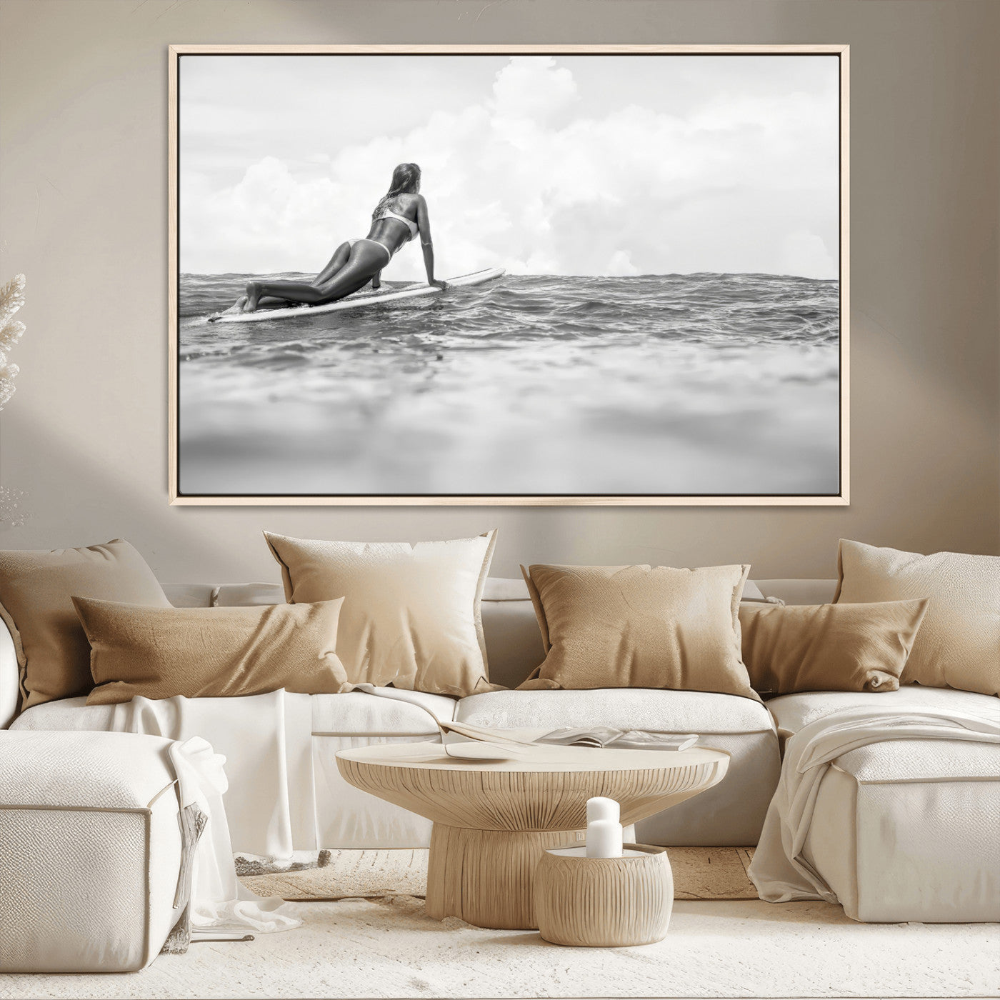 69798068-MGV-FC-36X24_Natural-Black and White Surfing Wall Art Canvas Print – Framed Ocean Horizon with Surfer Girl Coastal Adventure Artwork for Home, Office