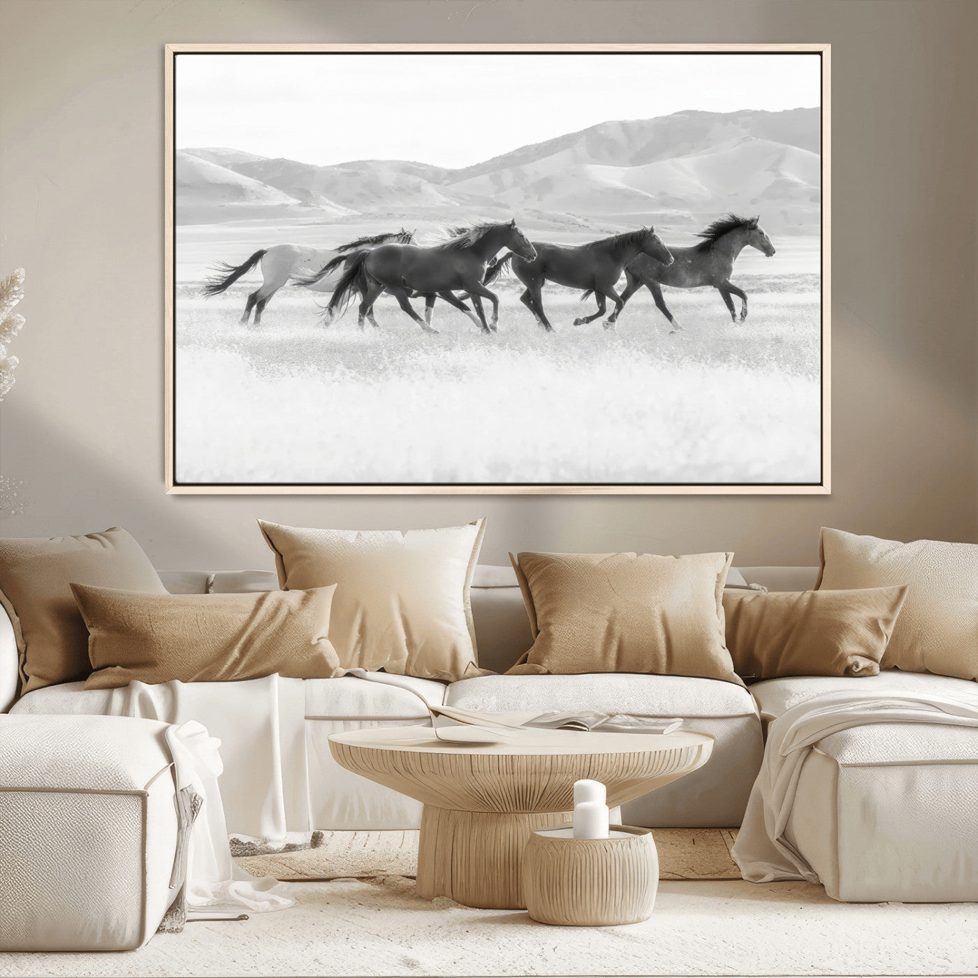 MGV-FC-36X24 - Wild Horses Wall Art – Black & White Canvas Print of Herd Running, Nature in Motion, Freedom & Beauty Decor for Guest Room, Office or Living Room
