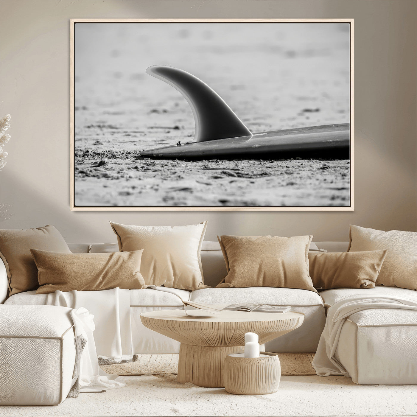 MGV-FC-36X24 - Black White Surfboard Wall Art Canvas Print, Framed Minimalist Beach Art Picture Print, Surf Fin Perfect Minimalist Coastal Decor Artwork