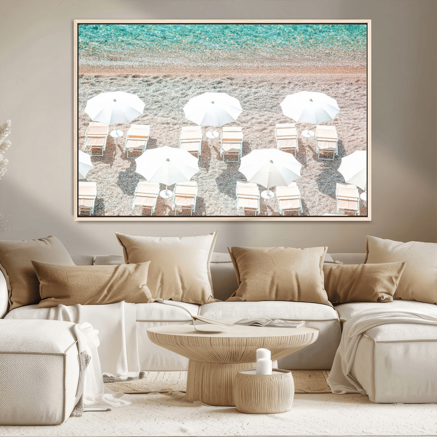 MGV-FC-36X24 - Calm Beach Wall Art Canvas Print, Framed Turquoise Water Art Picture Print, Umbrella Shoreline Perfect Coastal Minimalist Decor Artwork