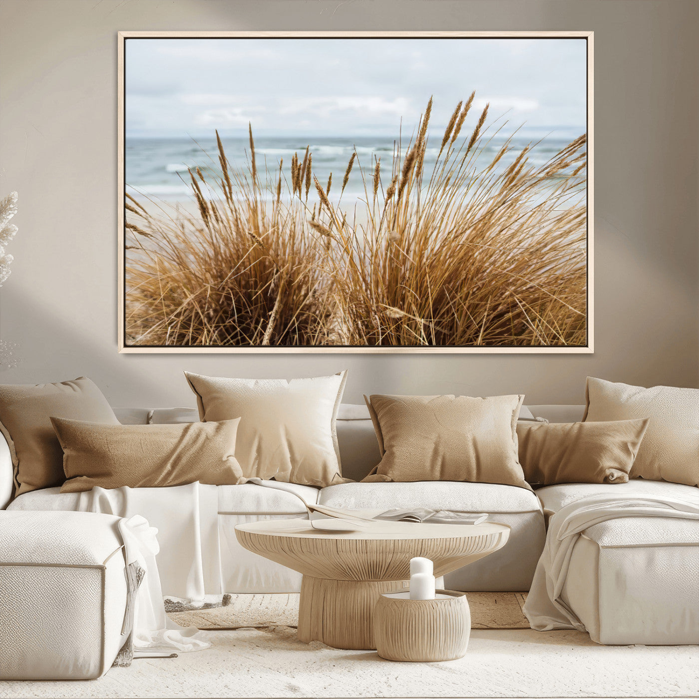 14270839-MGV-CV-36X24-Beach Grass Wall Art – Framed Coastal Dunes Canvas Artwork, Minimal Seaside Design, Modern Coastal Decor for Home, Office