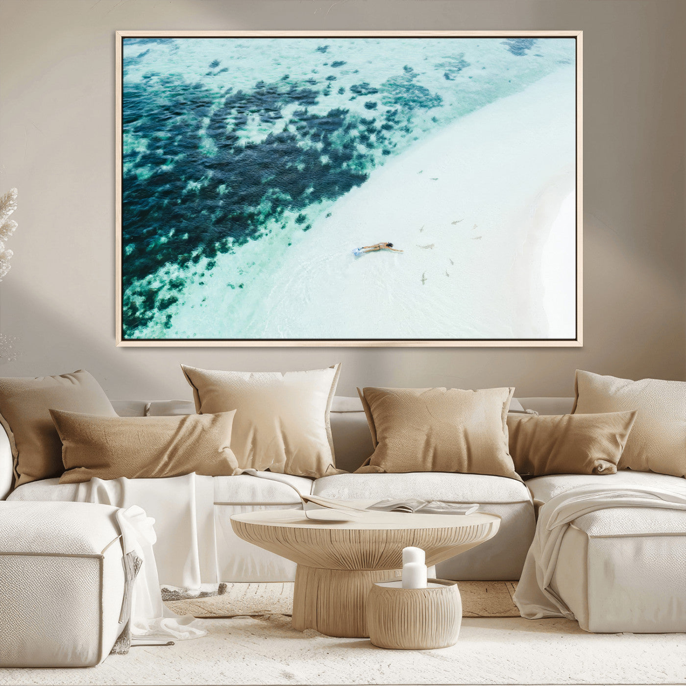 33764764-MGV-CV-36X24-Minimal Beach Wall Art – Framed Ocean Swimming Canvas Artwork, Clear Blue Sea Design, Modern Coastal Decor for Home, Office