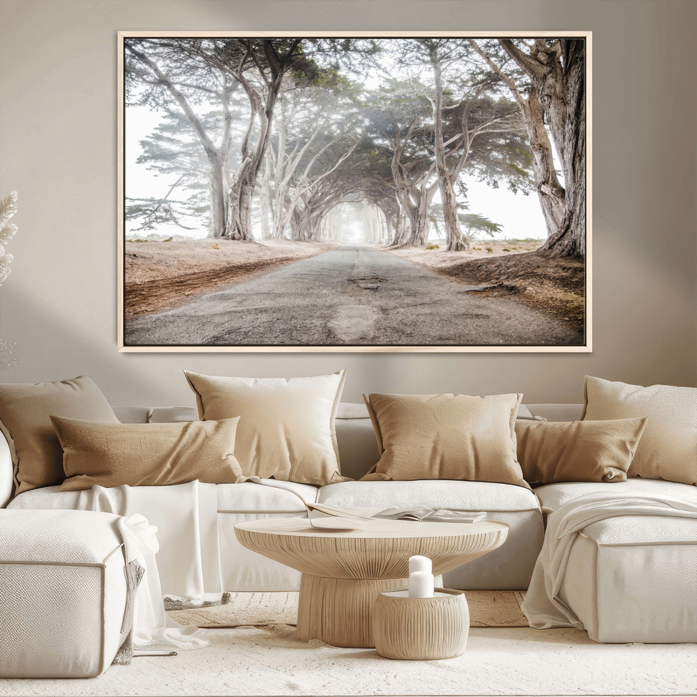 87090469-MGV-CV-36X24-Cypress Tunnel Wall Art – Framed Misty Road Canvas Artwork, Foggy Trees Design, Rustic Woodland Nature Decor for Home, Office