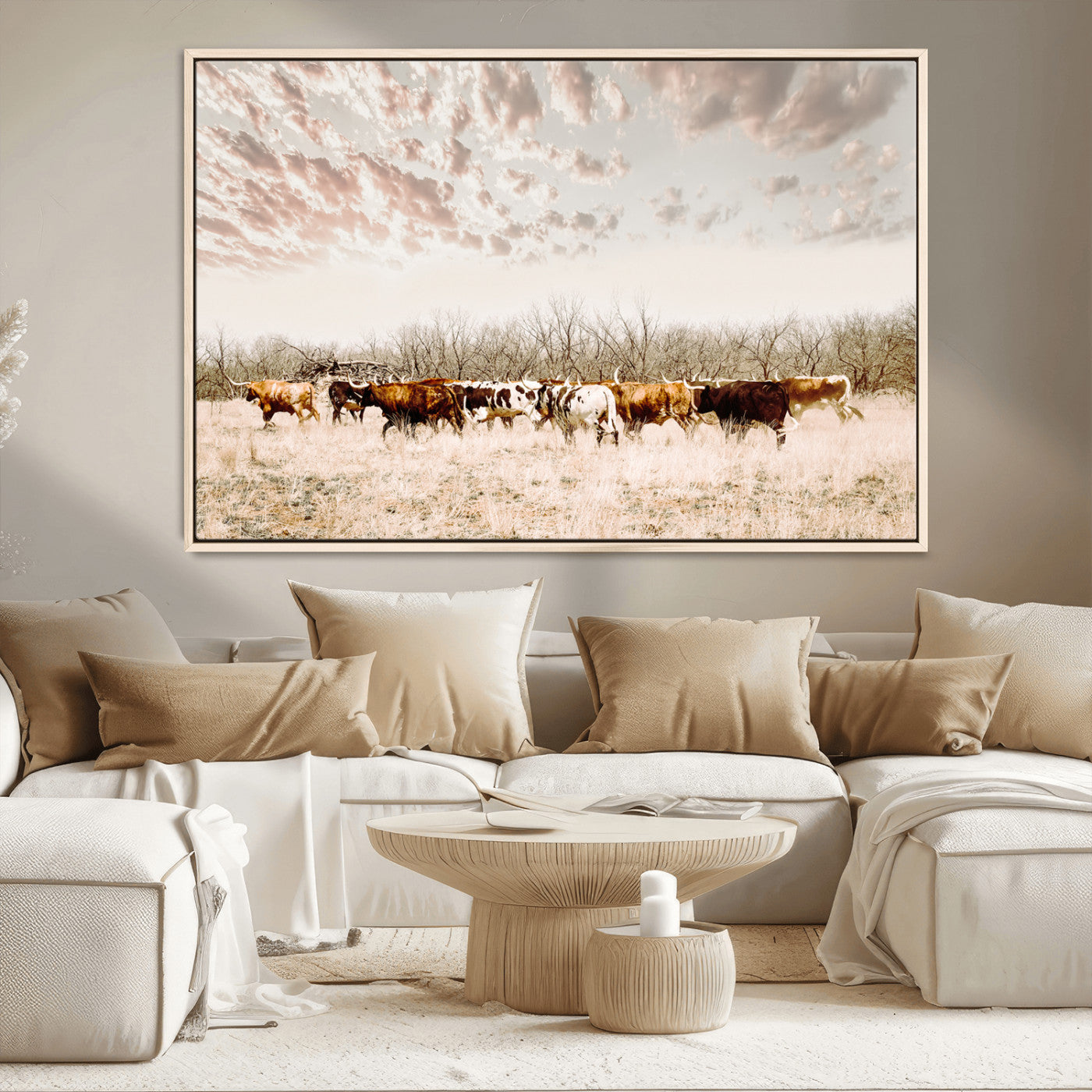 64892775-MGV-CV-36X24 - Longhorn Cattle Wall Art Canvas Print, Framed Texas Ranch Art Picture Print, Western Cow Perfect Western Decor Artwork