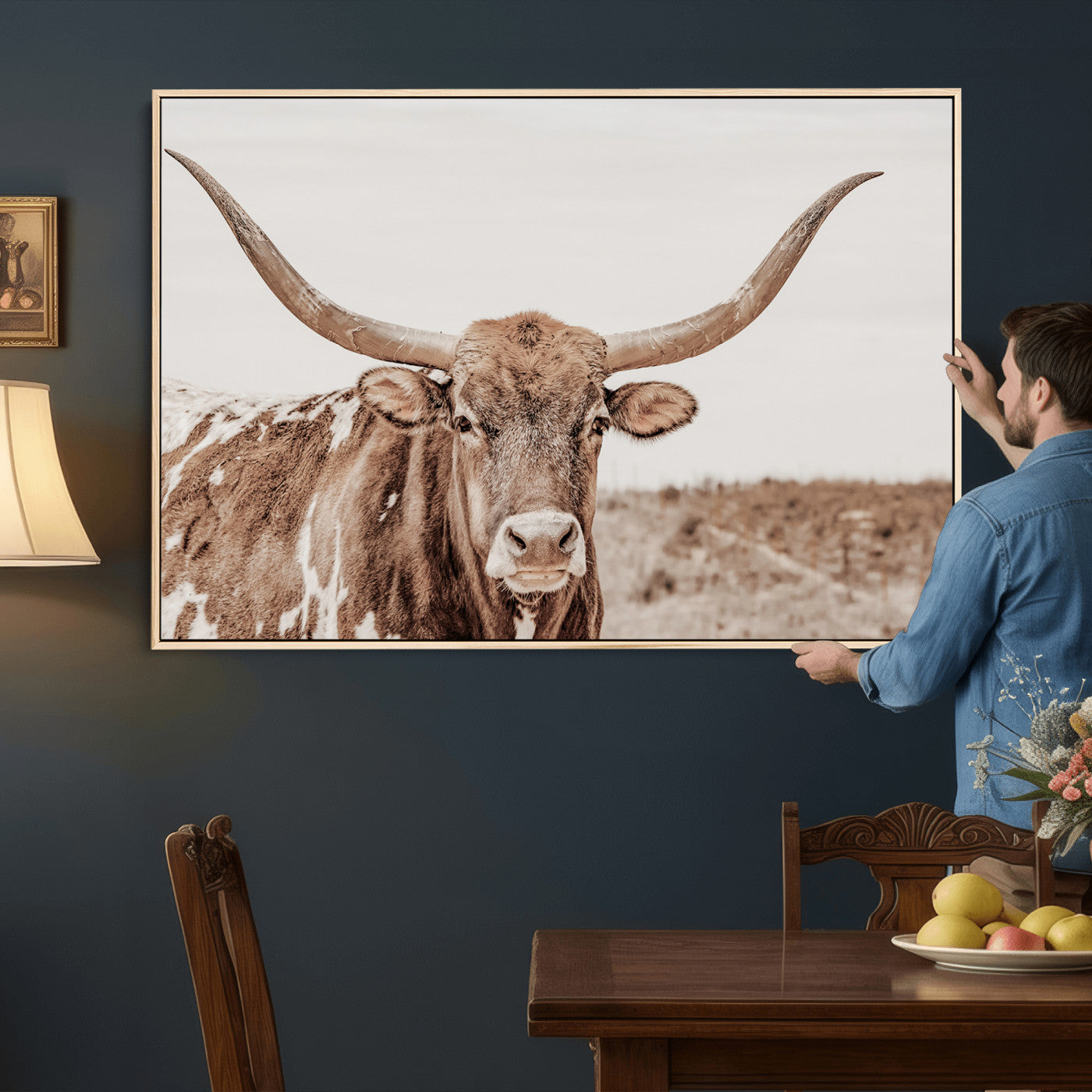 39964150-MGV-CV-36X24 - Longhorn Cow Wall Art Canvas Print, Texas Ranch Print, Framed Western Bull Art Print, Large BigHorn Cowboy Printing Perfect for County Decor