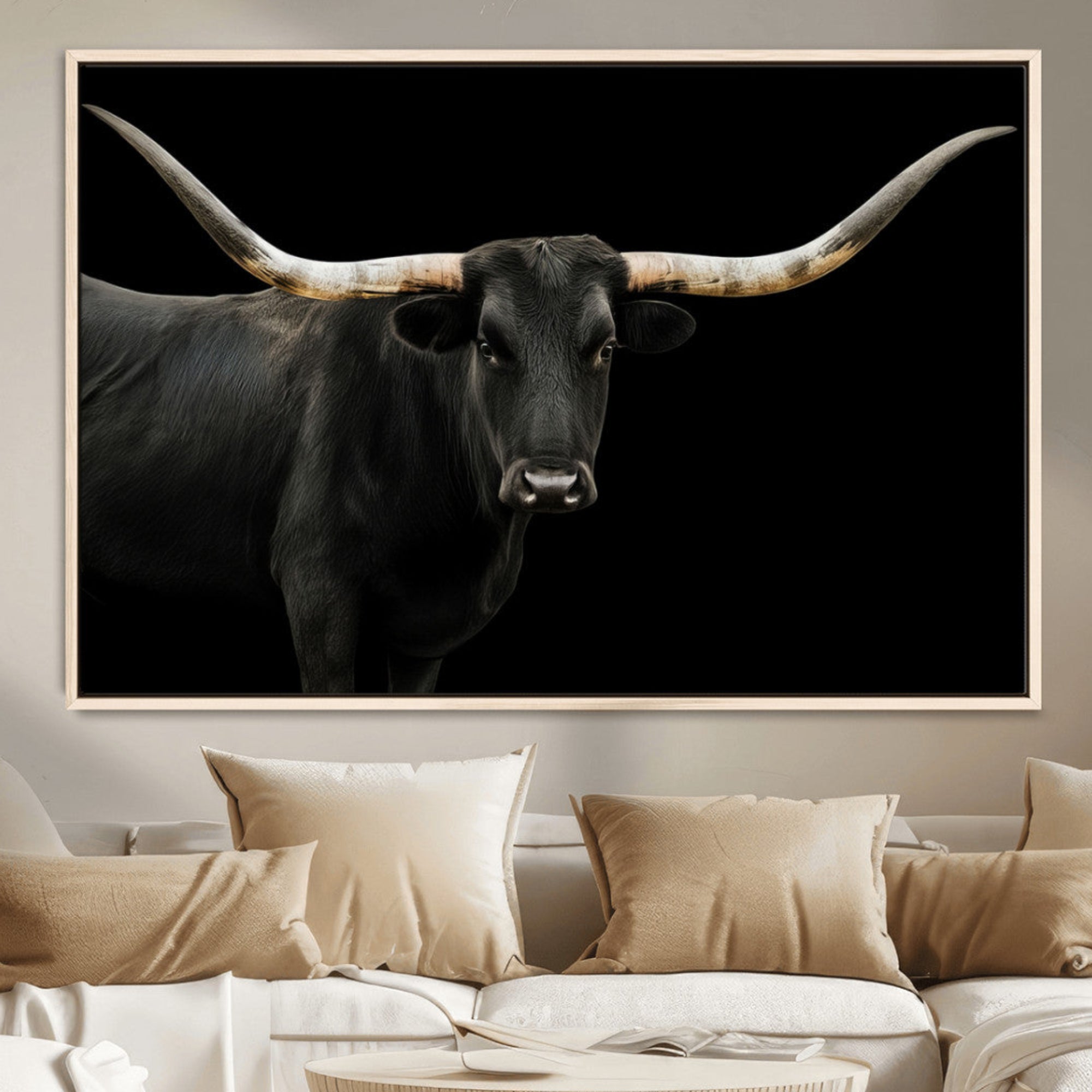 99448328-MGV-FC-36X24_Natural-Longhorn Cattle Wall Art Canvas Print – Framed Texas Ranch Scene with Western Cow Artwork for Home, Office, Living Room