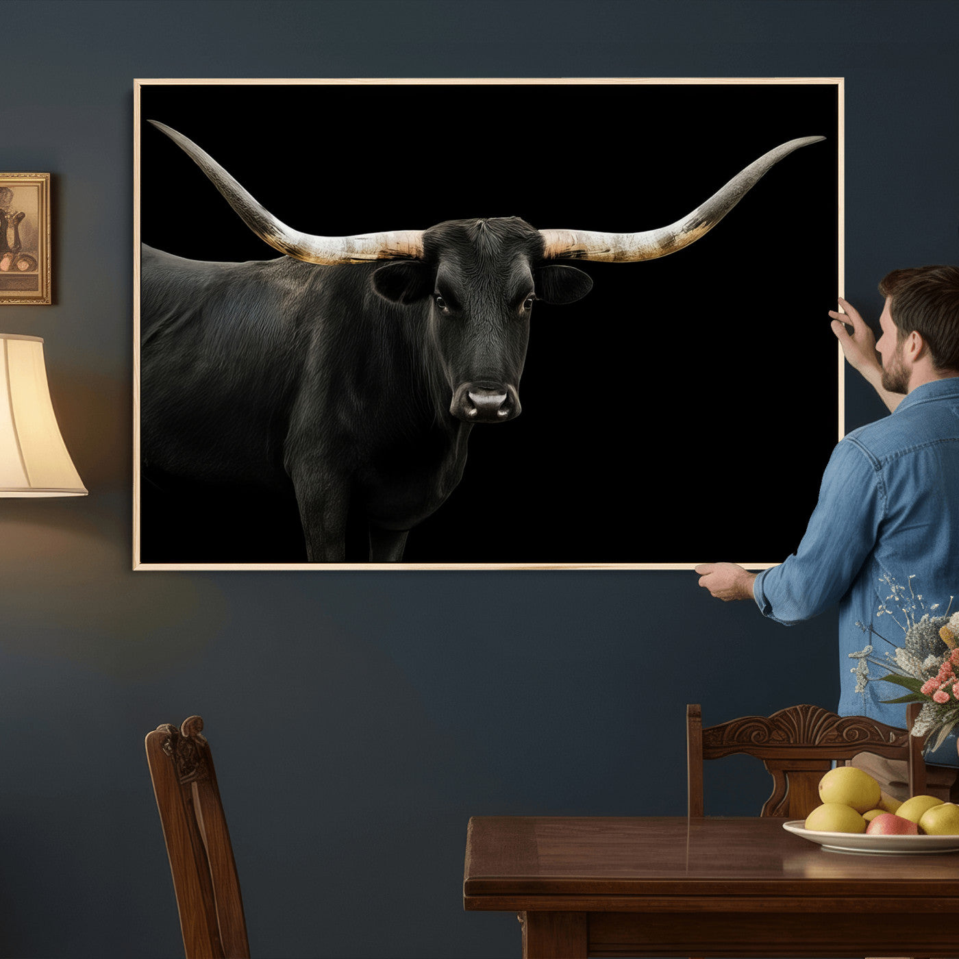 99448328-MGV-CV-36X24 - Longhorn Cattle Wall Art Canvas Print, Framed Texas Black Bull Art Picture Print, Western Cow Perfect Farmhouse Decor Artwork