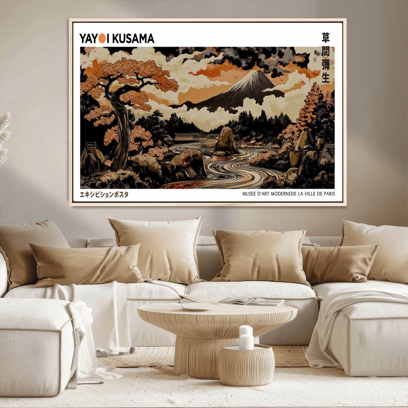 96372548-MGV-CV-36X24-Modern Japanese Wall Art Canvas Print – Framed Abstract Mount Fuji Scene with Yayoi Kusama Style Artwork for Home, Office