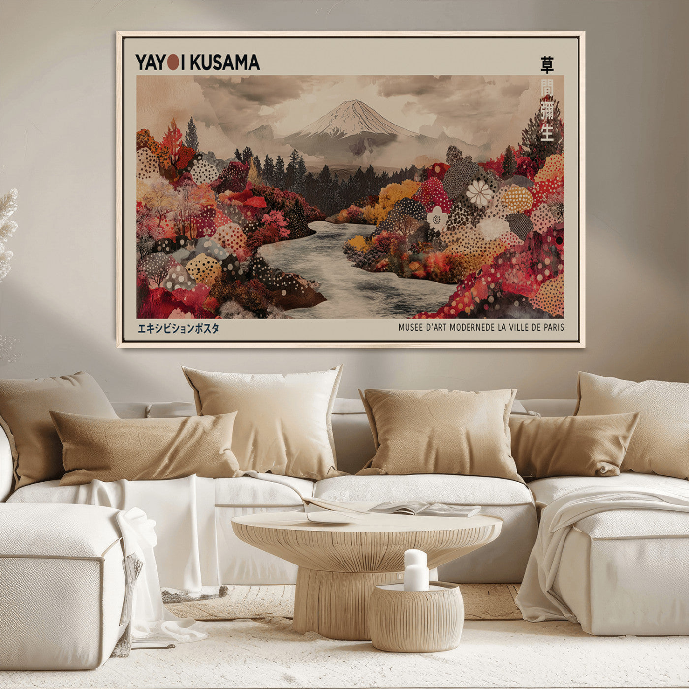 90660838-MGV-CV-36X24-Modern Japanese Wall Art Canvas Print – Framed Abstract Mount Fuji Scene with Yayoi Kusama Artwork for Home, Office