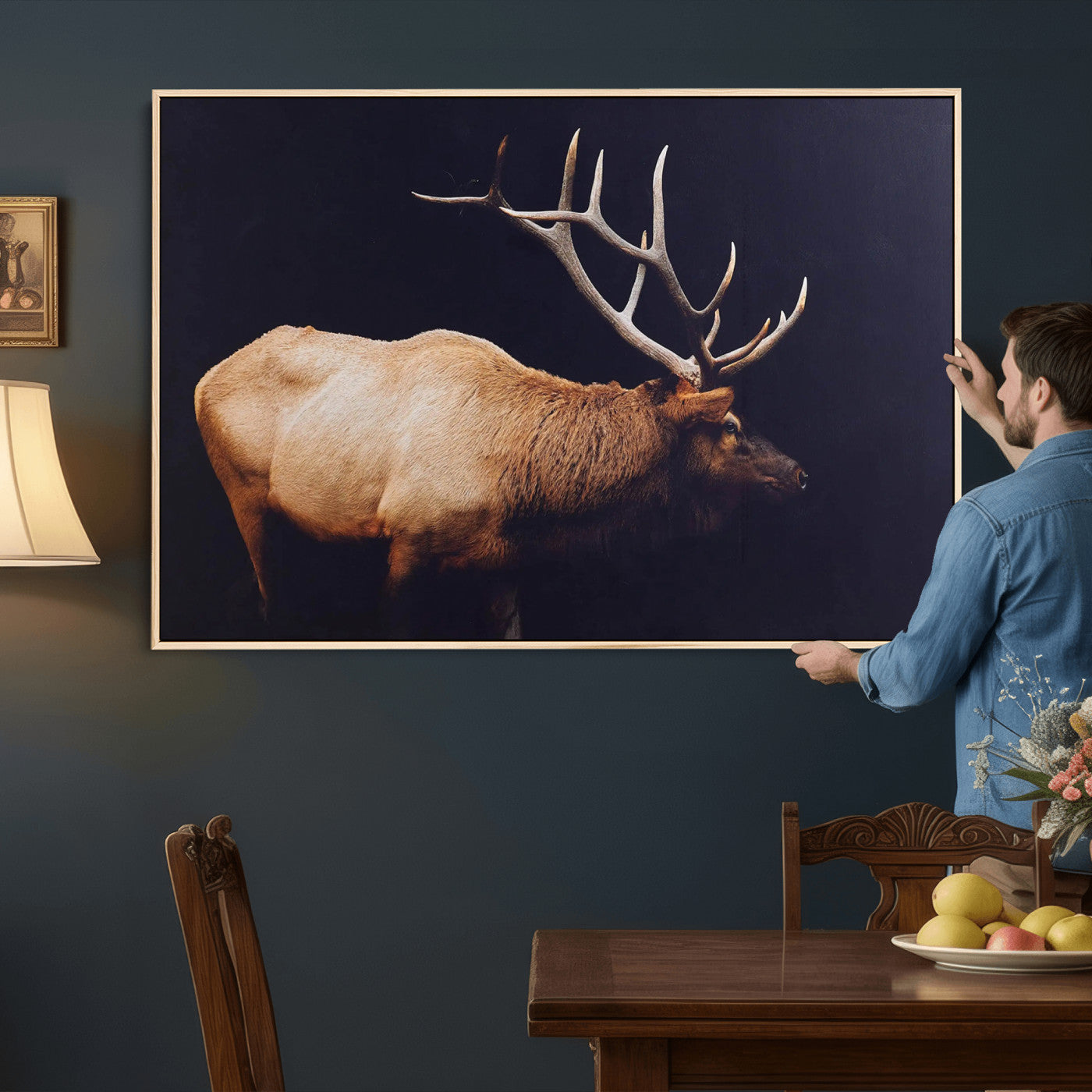 89239257-MGV-CV-36X24 - Rustic Elk Wall Art Canvas Print – Framed Moody Wildlife Art Picture Western Animal Artwork for Home, Office Decor