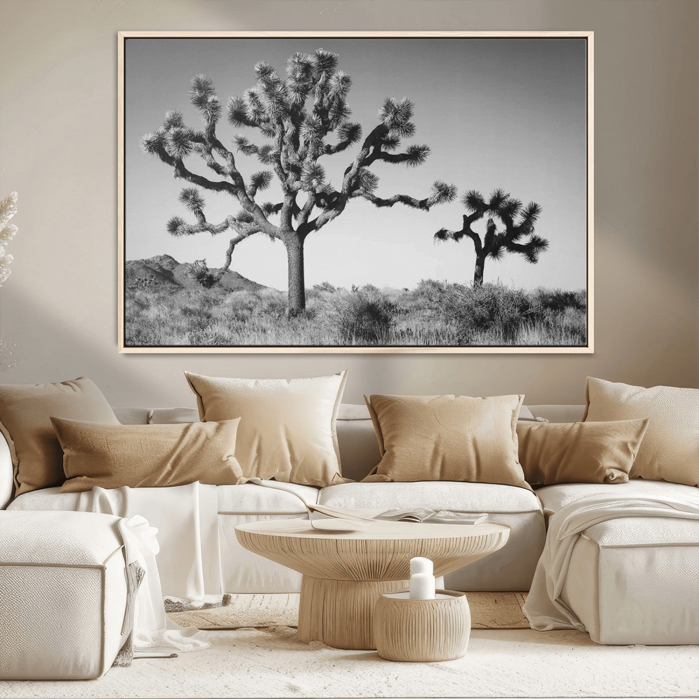 93692513-MGV-CV-36X24-Joshua Tree Wall Art Canvas Print – Framed Monochrome Desert Minimalist Nature Scene Southwestern Artwork for Home Office