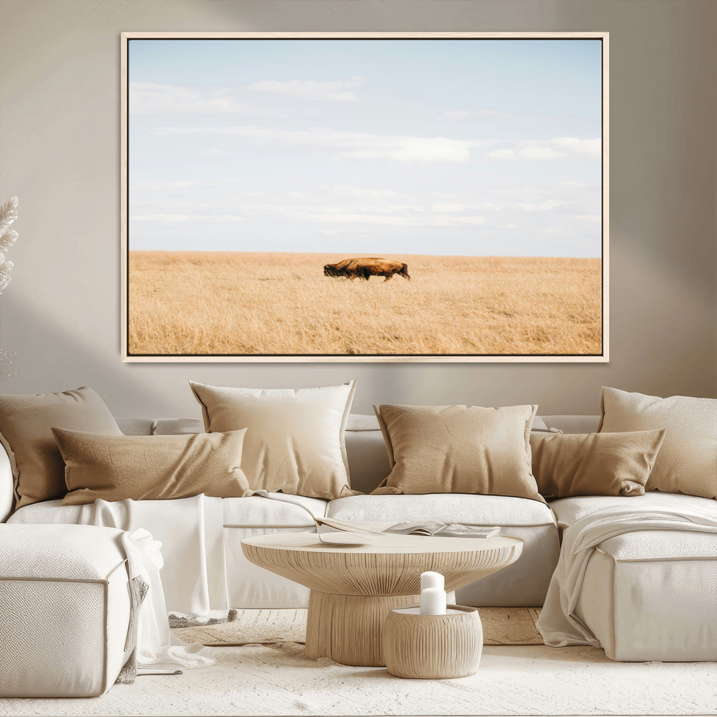MGV-FC-36X24 - Minimalist Nature Wall Art Canvas Print, Framed Bison In Grassland Art Picture Print, Open Field Perfect Modern Ranch Decor Decor Artwork