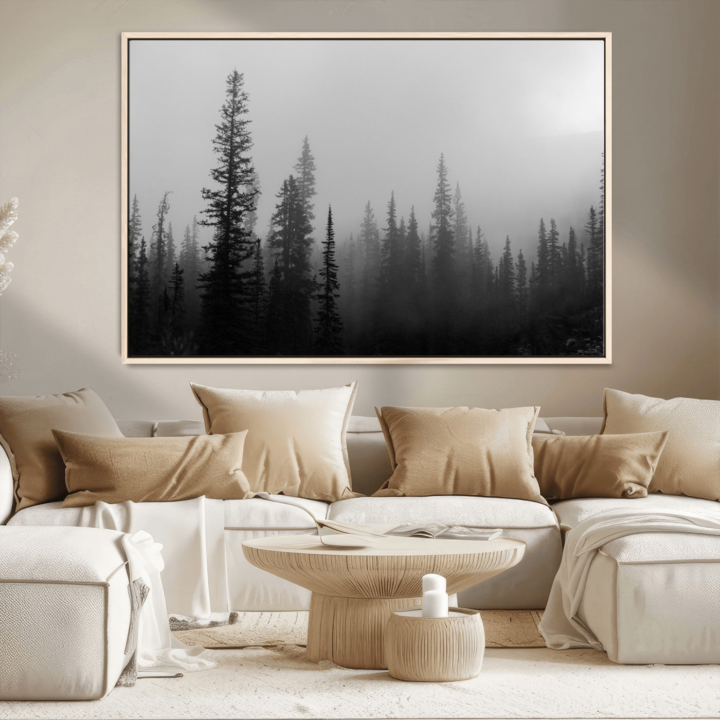 73138900-MGV-CV-36X24-Misty Pines Wall Art Canvas Print – Framed Woodland Minimalist Rustic Nature Scene Photography Artwork for Home Office