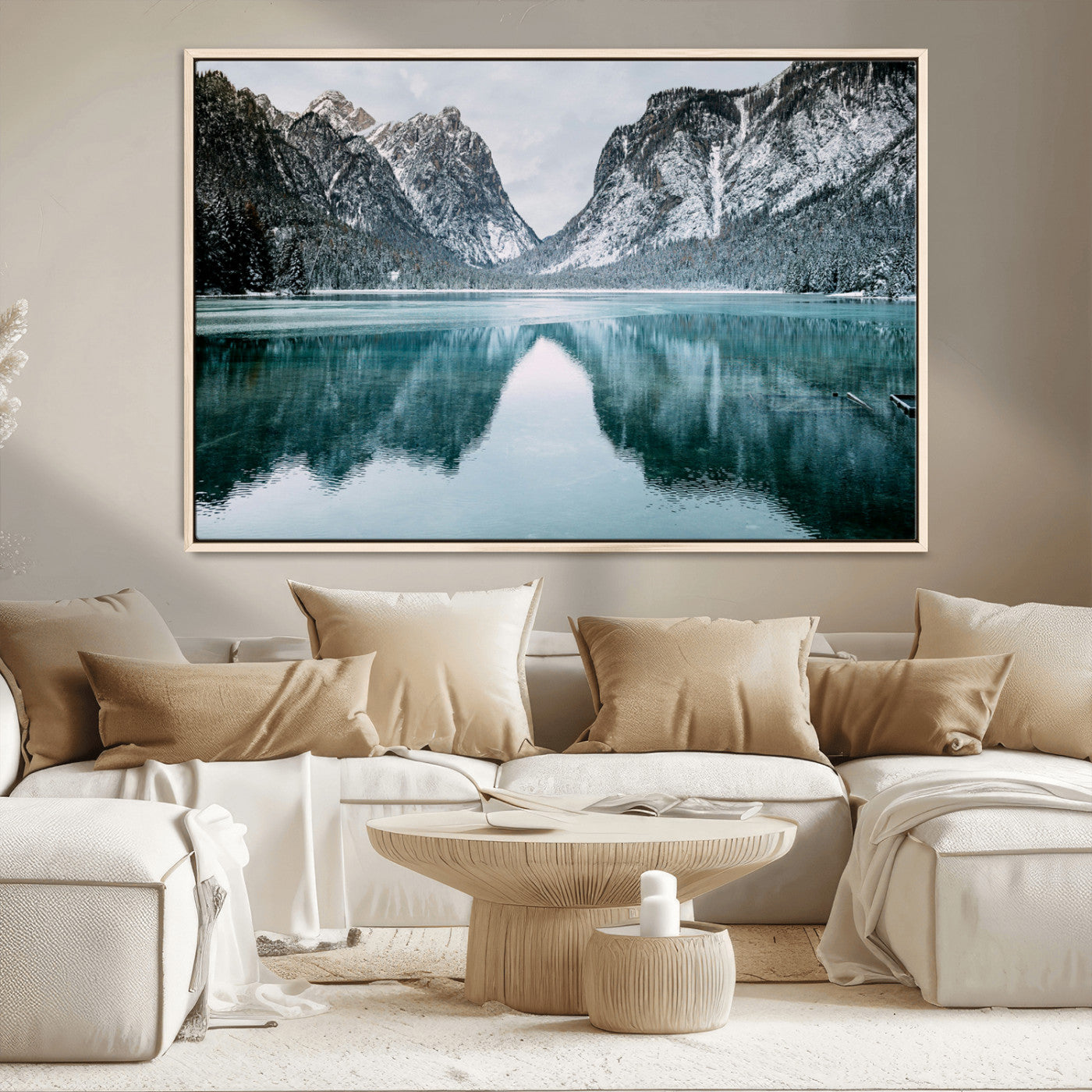 73098373-MGV-CV-36X24-Mountain Lake Wall Art Canvas Print – Framed Snowy Peaks Wonderland Nature Scene Artwork for Home Office