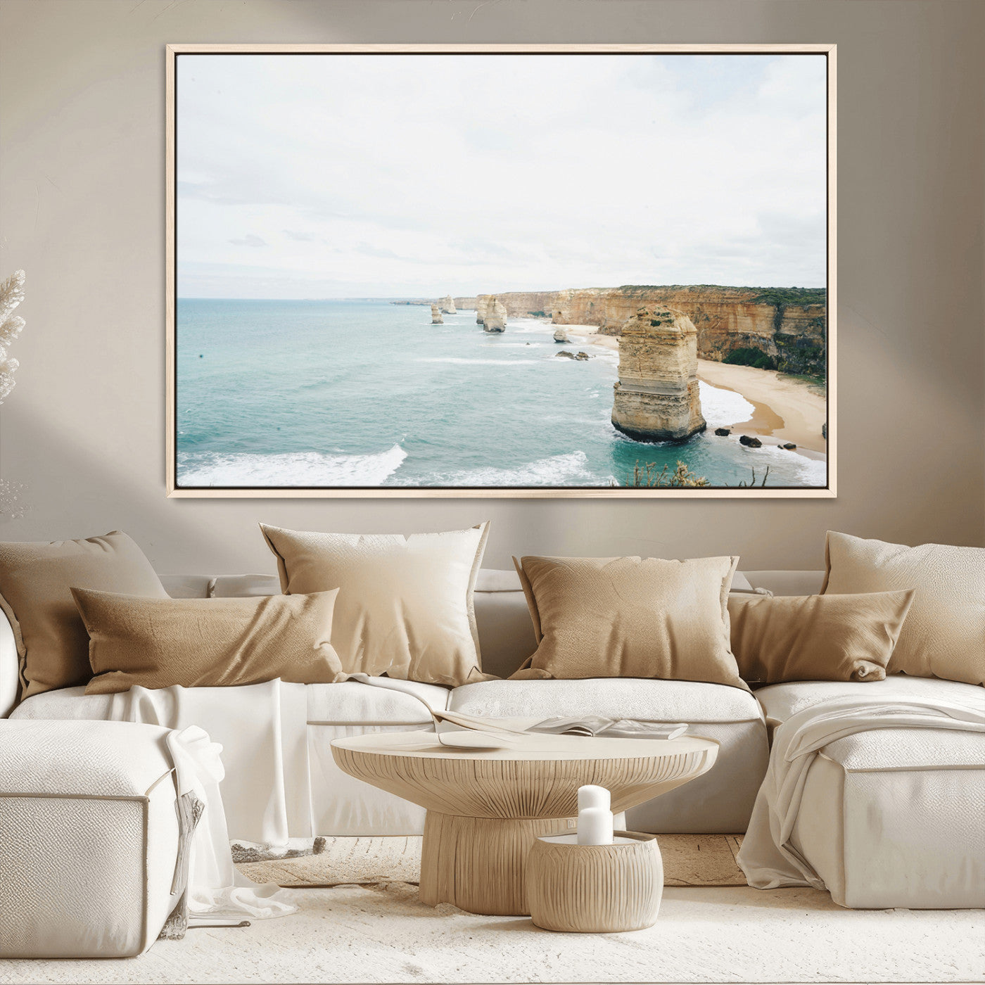 70095633-MGV-CV-36X24-Twelve Apostles Wall Art Canvas Print – Framed Coastal Cliffs Rugged Rock Formations Artwork for Home Office
