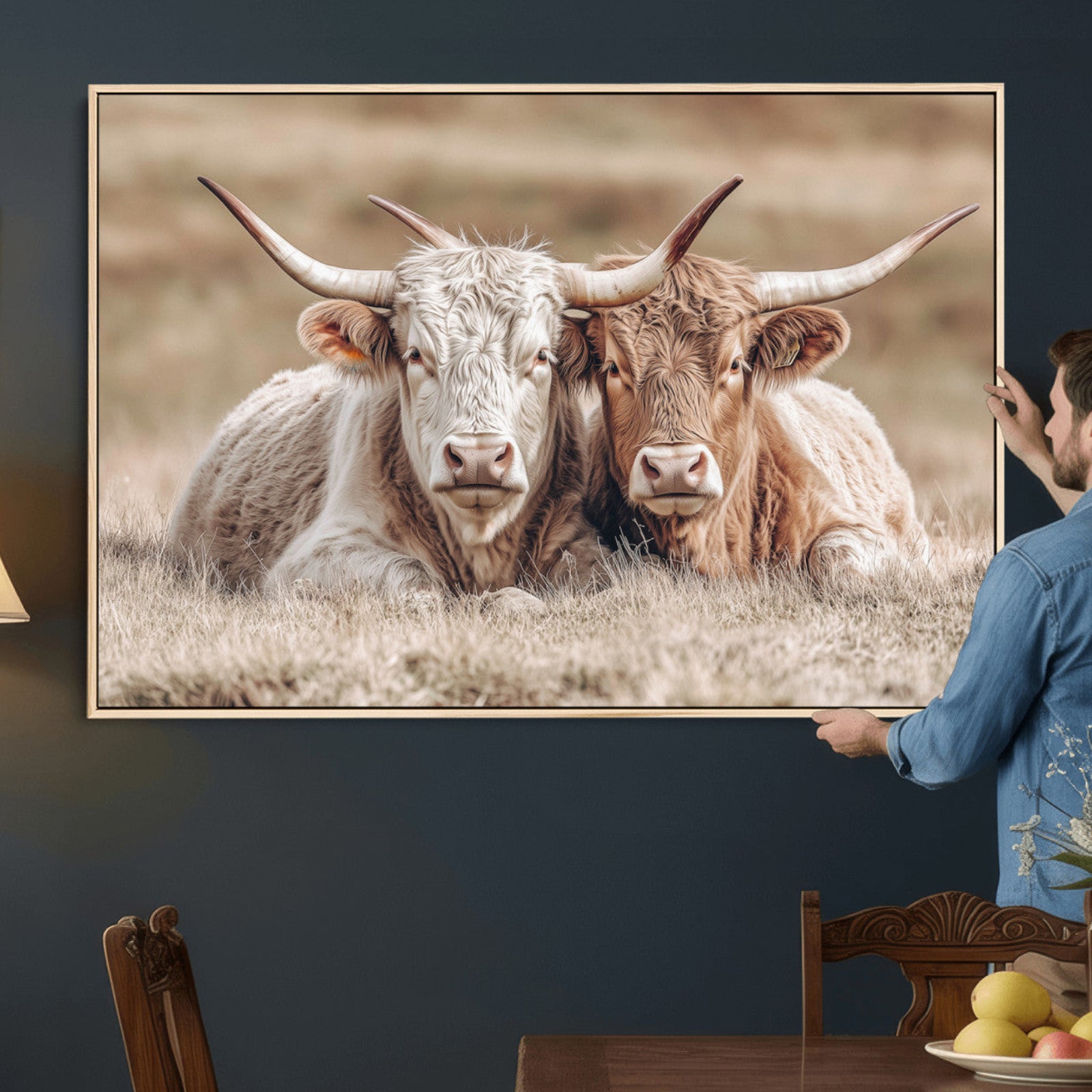 38651722-MGV-CV-36X24 - Highland Cows Meadow Canvas Wall Art – Peaceful Cow Photography Print, Rustic Farmhouse Animal Decor for Country Home, Living Room, Office