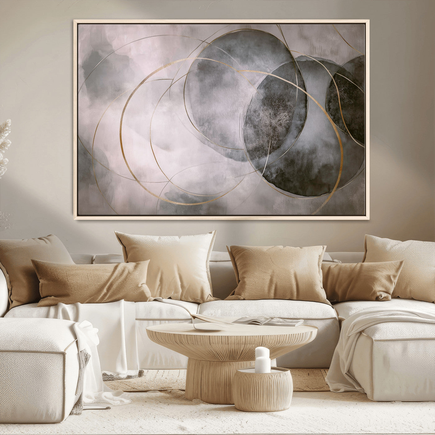 20066876-MGV-CV-36X24-Abstract Grey Gold Circle Wall Art – Modern Geometric Canvas Artwork, Minimal Elegant Design, Luxury Wall Decor for Home, Office