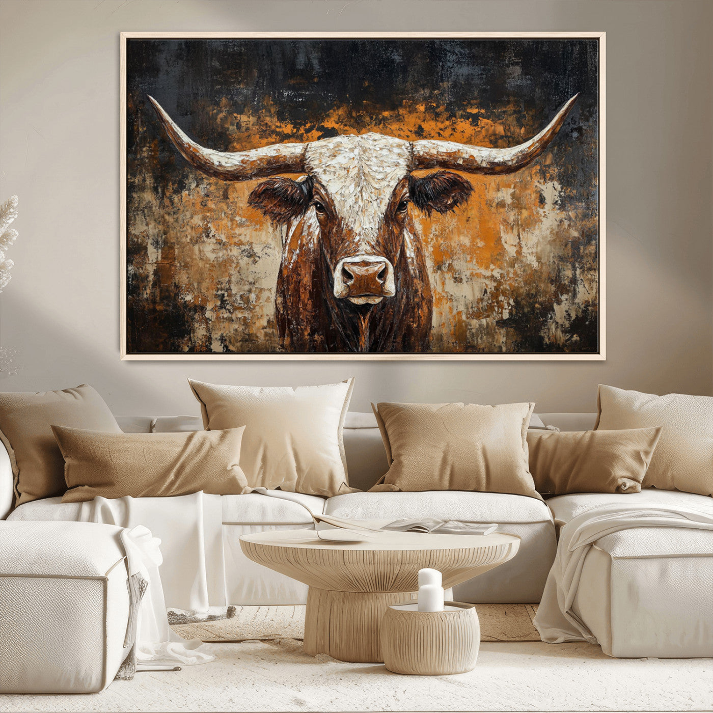 25265572-MGV-CV-36X24-Rustic Longhorn Bull Wall Art Canvas Print – Vintage Western Cattle Scene, Texas Steer Artwork for Home, Office