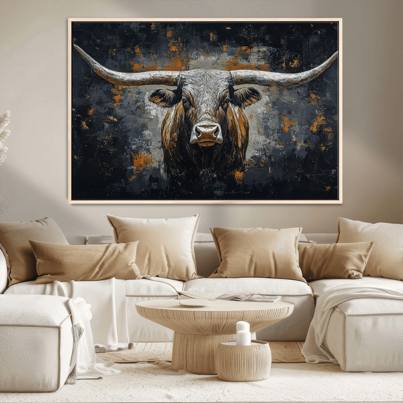 93195031-MGV-CV-36X24-Rustic Longhorn Bull Wall Art Canvas Print – Vintage Western Cattle Scene, Texas Steer Artwork for Home, Office