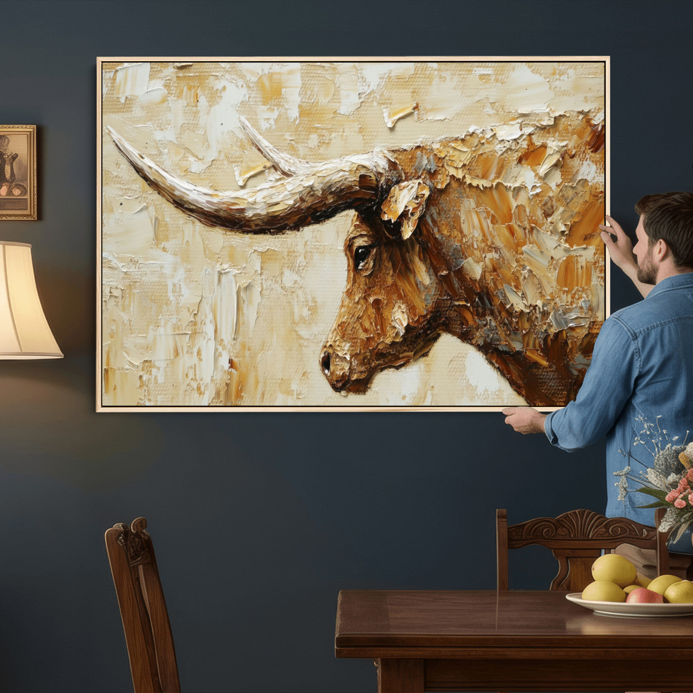 69611428-MGV-CV-36X24 - Rustic Longhorn Bull Wall Art Canvas Print – Vintage Western Cattle Painting, Texas Abstract Wall Cow Prints
