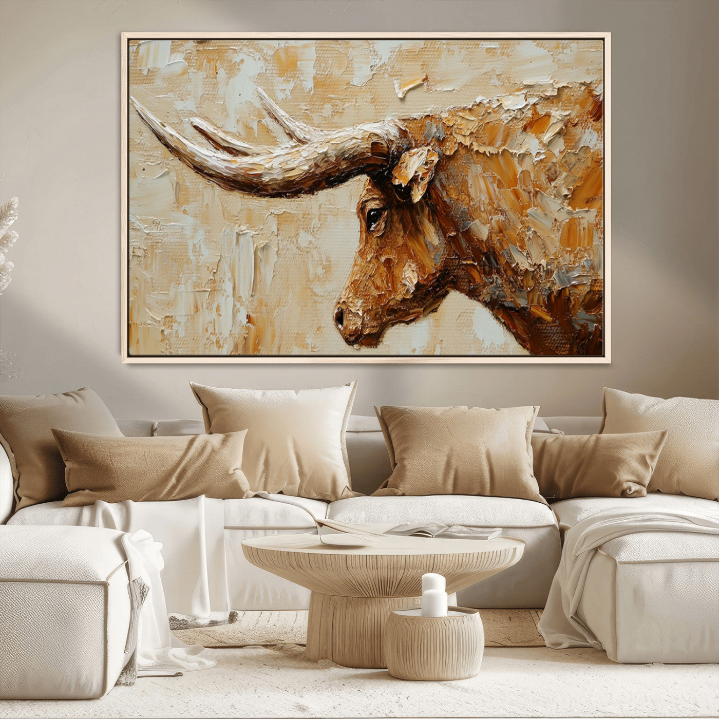 69611428-MGV-CV-36X24-Rustic Longhorn Bull Wall Art Canvas Print – Vintage Western Cattle Texas Steer Scene Artwork for home, office