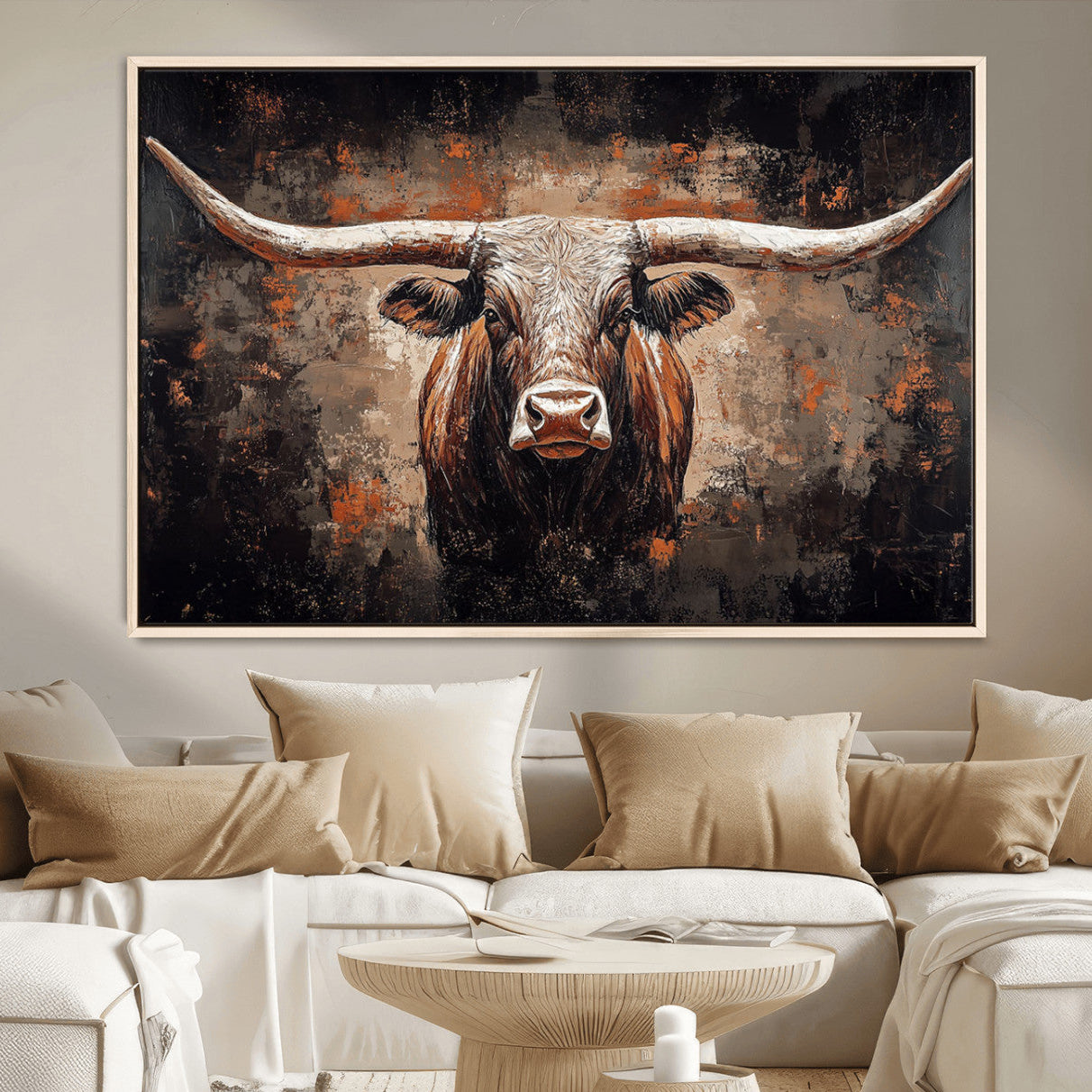 24779067-MGV-CV-36X24-Rustic Longhorn Bull Wall Art Canvas Print – Vintage Western Cattle Scene, Texas Steer Artwork for Home, Office