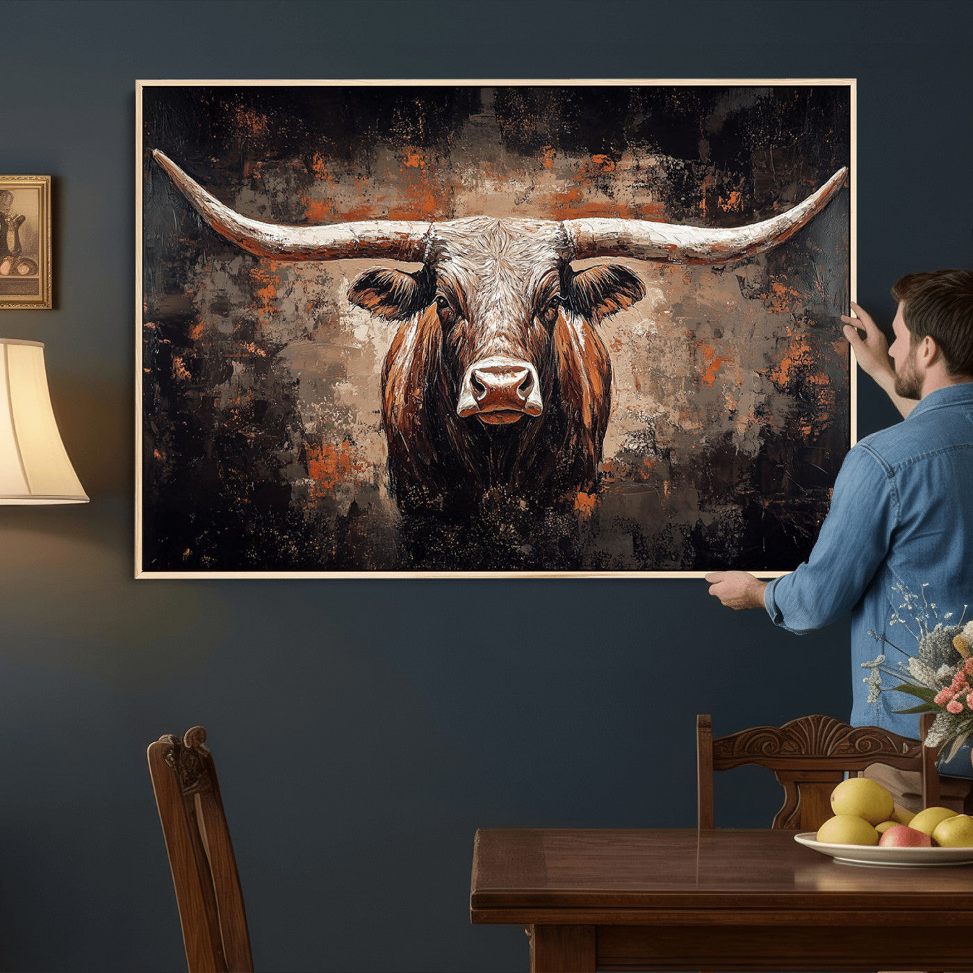 24779067-MGV-CV-36X24 - Rustic Longhorn Bull Wall Art Canvas Print – Vintage Western Cattle Painting, Texas Steer Artwork