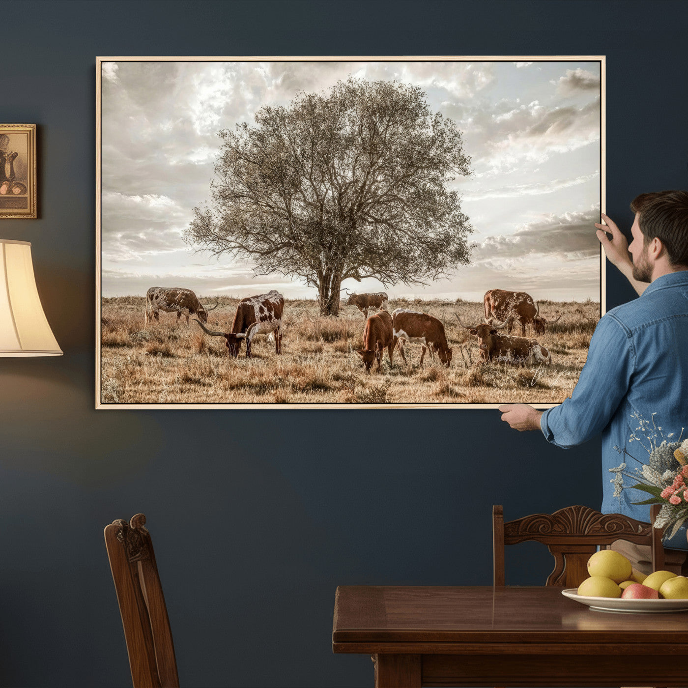 87590224-MGV-CV-36X24 - Texas Longhorn Cattle Wall Art Canvas Print – Rustic Western Ranch Scene with Steers at Sunset, Perfect for Farmhouse or Cowboy Decor