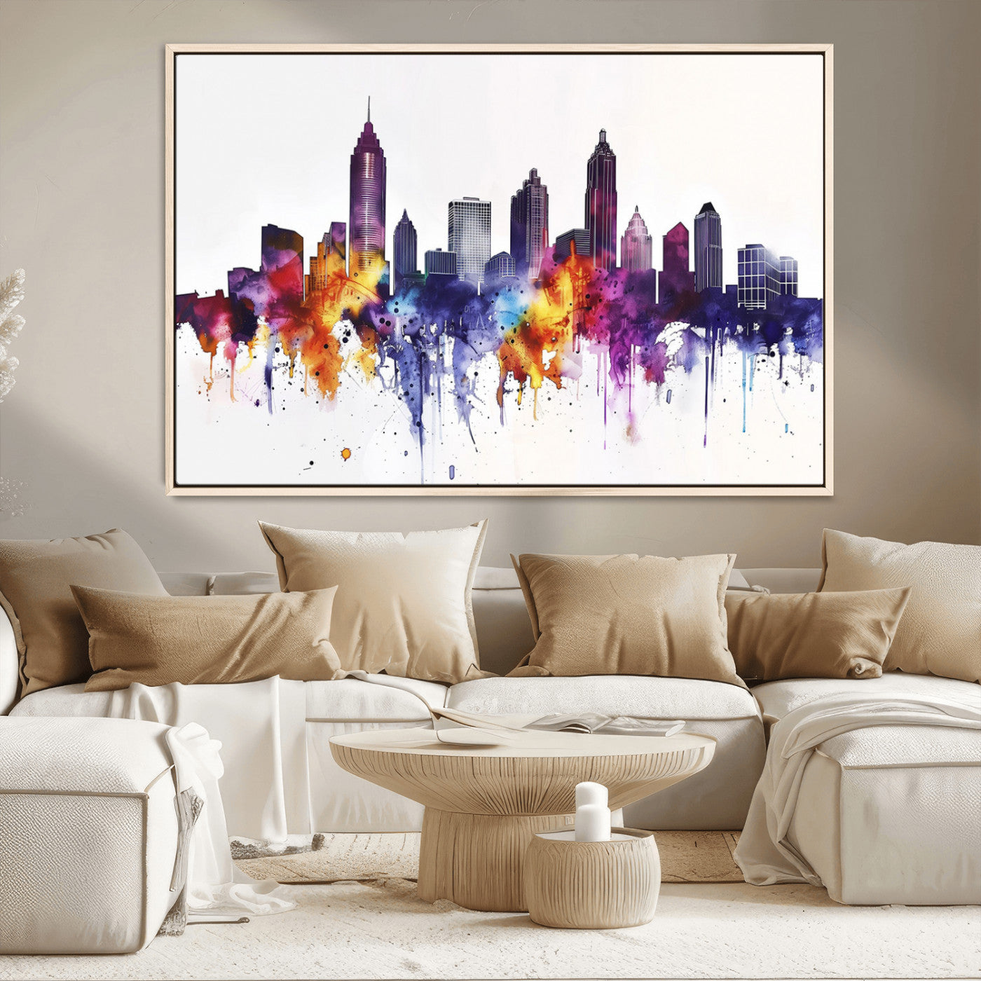 34479880-MGV-CV-36X24-Atlanta Skyline Wall Art Canvas Print – Framed Colorful Watercolor Cityscape Artwork for Home, Office, Living Room