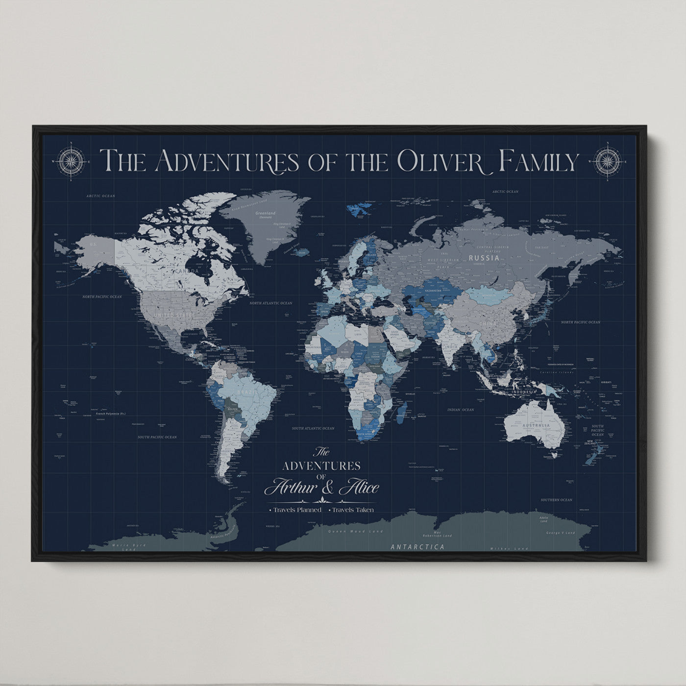 -Personalized Family Adventure World Map – Custom Framed Push Pin Travel Tracker Canvas, Elegant Wall Art for Home, Office