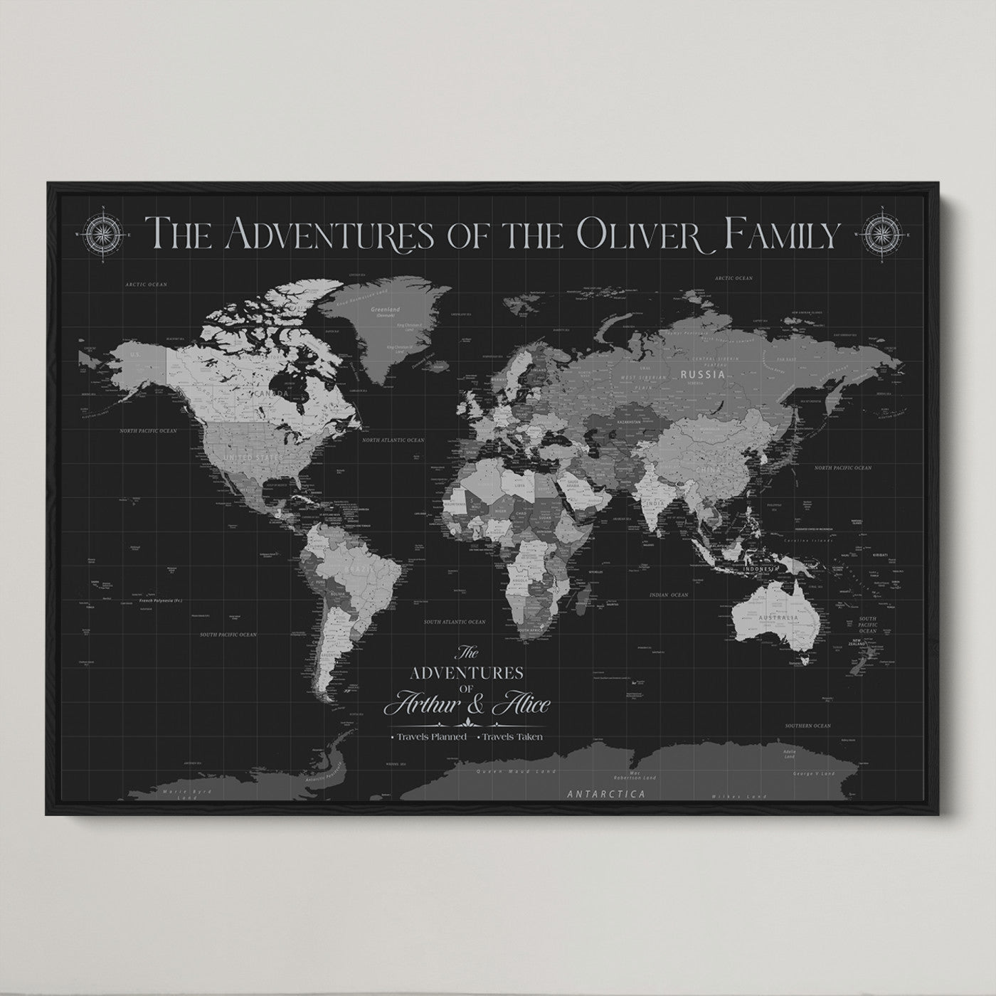 -Personalized Family World Map Canvas – Custom Framed Push Pin Travel Tracker, Modern Adventure Wall Art for Home, Office
