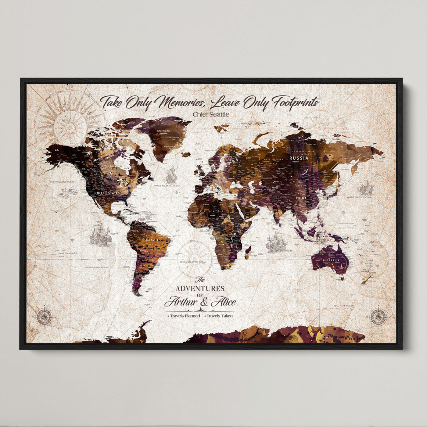 -Personalized World Map Canvas – Custom Framed Push Pin Travel Tracker, Elegant Wall Art Gift for Couples for Home, Office