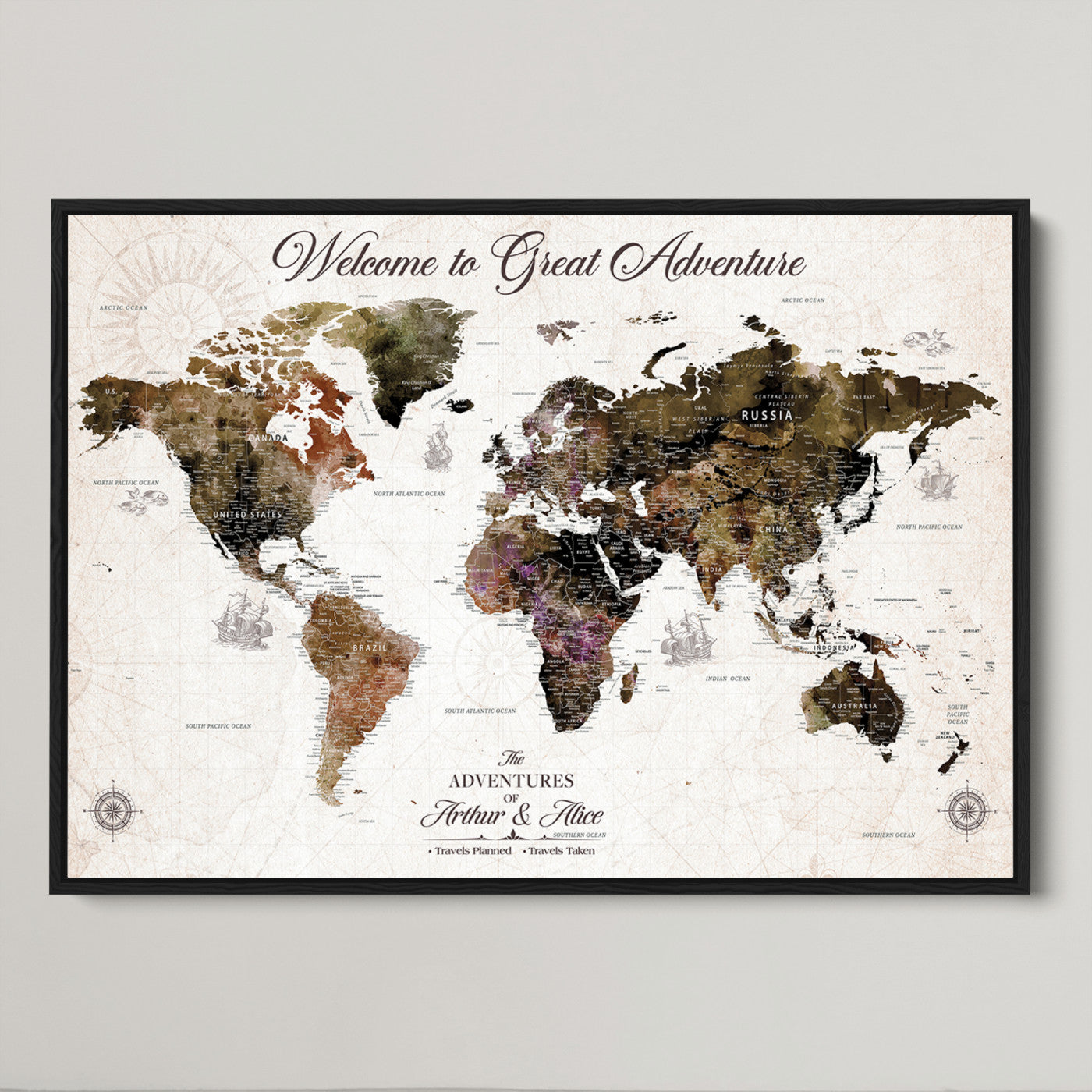 -Personalized World Map Canvas Custom Framed Push Pin Travel Tracker Vintage Adventure Wall Art Gift Couples Travelers Home, Office