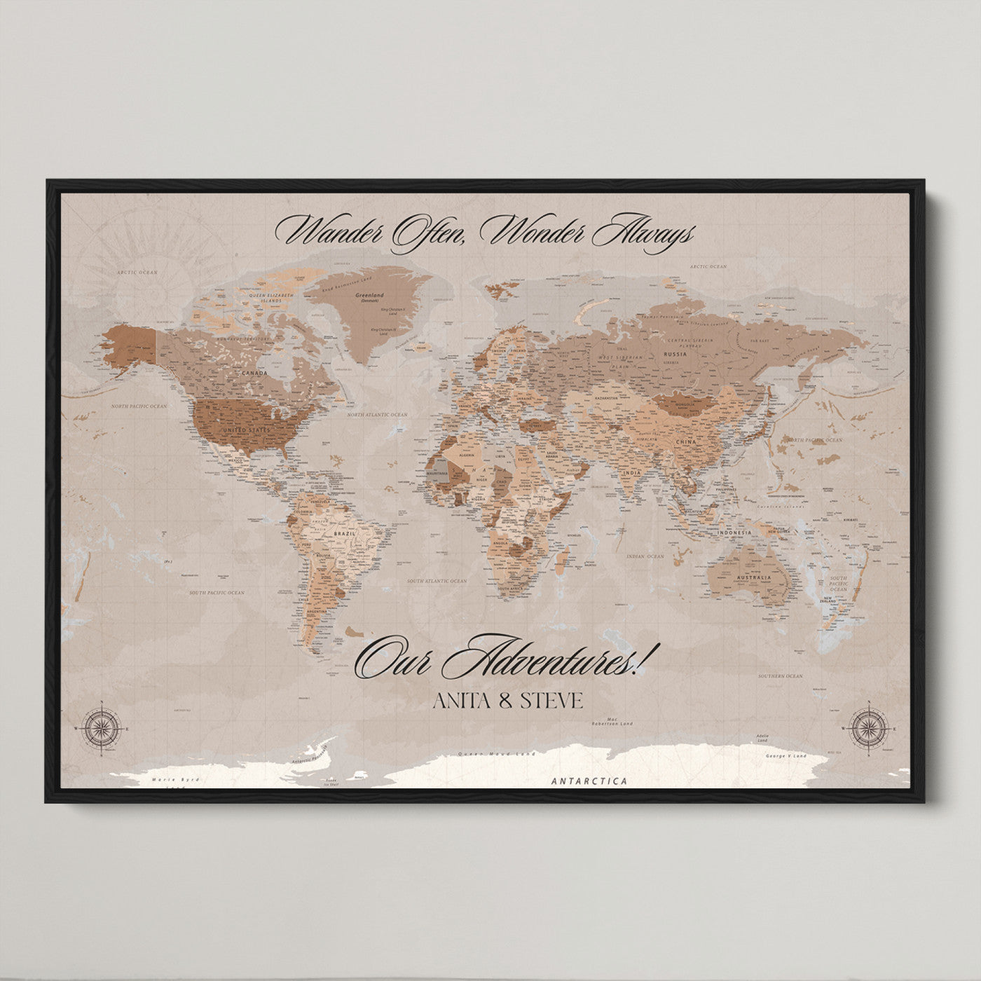 -Personalized World Map Canvas Custom Framed Push Pin Travel Tracker Elegant Neutral Wall Art Gift Couples Travelers for Home, Office