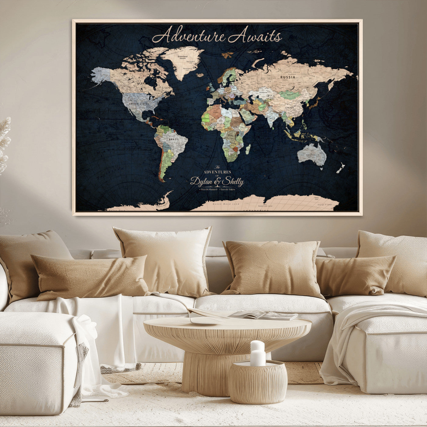 Rehber01-MGV-CV-36X24-Personalized World Map Canvas Print – Framed Push Pin Travel Wall Art for Couples – Adventure & Anniversary Gift